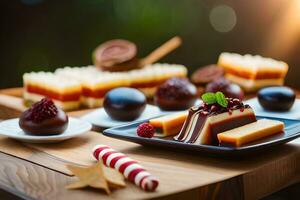 a plate of desserts on a wooden table. AI-Generated photo
