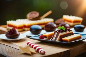 un plato de postres en un de madera mesa. generado por ai foto