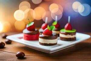 pequeño postres en un plato con chocolate y fresas generado por ai foto