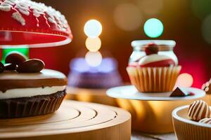 a variety of cupcakes and cakes are on a table. AI-Generated photo