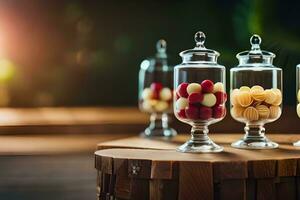 Tres vaso frascos con caramelo en ellos en un de madera mesa. generado por ai foto