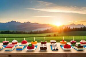 a table with various desserts on it in front of a mountain. AI-Generated photo