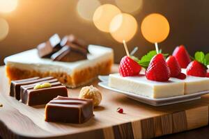 various desserts on a wooden table with a light background. AI-Generated photo