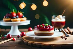 christmas dessert on wooden table with christmas lights. AI-Generated photo