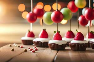 christmas cupcakes with strawberries and cherries on wooden table. AI-Generated photo