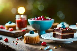 a table with various desserts and candles. AI-Generated photo