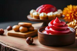 un cuenco de rojo postre con un cuchara y un plato de galletas. generado por ai foto