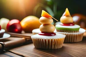 cupcakes with fruit and nuts on a wooden table. AI-Generated photo