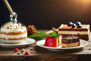 Navidad postre en de madera mesa con Navidad decoraciones generado por ai foto