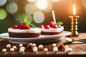 two cupcakes with raspberries on a plate. AI-Generated photo
