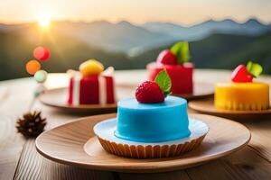 colorful cakes on wooden plates with mountains in the background. AI-Generated photo