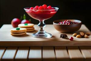a bowl of fruit and cookies on a wooden table. AI-Generated photo