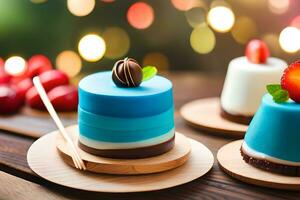 three small cakes with blue frosting on wooden plates. AI-Generated photo