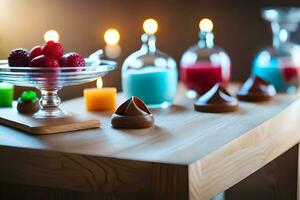 candles and chocolate on a table with candles. AI-Generated photo