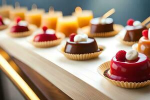 un fila de postres en un de madera bandeja. generado por ai foto