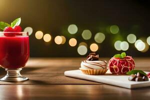 a dessert with a cup of raspberry juice and a cupcake. AI-Generated photo