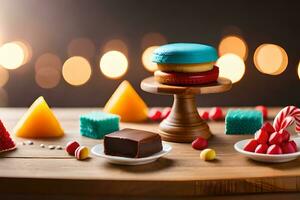 various types of sweets on a wooden table. AI-Generated photo