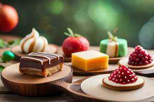 various desserts on wooden plates with fruit and berries. AI-Generated photo