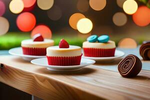 three cupcakes on white plates with red frosting. AI-Generated photo