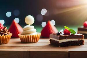 various types of desserts on a wooden table. AI-Generated photo