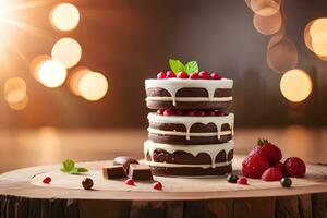 a stack of three chocolate cake with berries and mint. AI-Generated photo