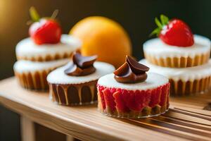 mini cupcakes with strawberries and chocolate on a wooden tray. AI-Generated photo