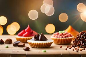 various cupcakes and chocolate on a wooden table. AI-Generated photo