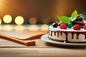 a cake with chocolate and berries on a wooden table. AI-Generated photo