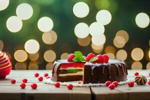 a chocolate cake with raspberries and a red ball. AI-Generated photo