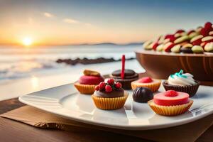 a plate with cupcakes and other desserts on a table. AI-Generated photo
