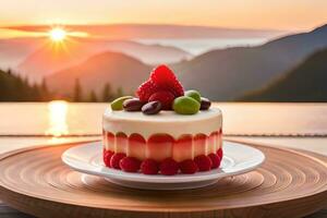 a dessert on a plate with fruit and berries. AI-Generated photo