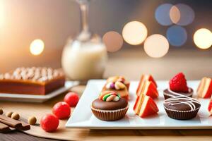 a plate with various types of desserts and candies. AI-Generated photo