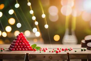 a table with red berries and a coconut. AI-Generated photo