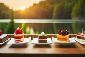 four different types of cakes on white plates. AI-Generated photo