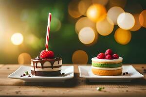 two cakes with chocolate and raspberries on a table. AI-Generated photo