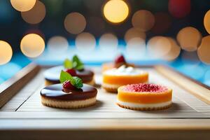 four small desserts on a wooden tray with lights in the background. AI-Generated photo