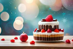 a cake with chocolate frosting and strawberries on a table. AI-Generated photo