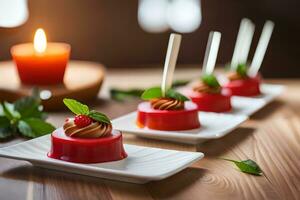 rojo gelatinas en blanco platos con velas generado por ai foto