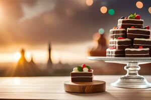 a cake on a table with a cityscape in the background. AI-Generated photo