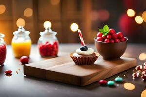 christmas cupcake with berries and candies on wooden table. AI-Generated photo