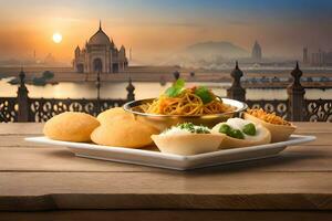 indian food in a bowl with a view of the taj mahal in the background. AI-Generated photo