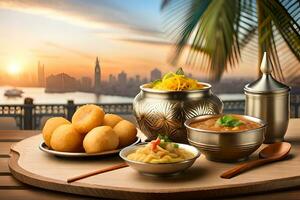 indian food on a wooden table with a view of the city at sunset. AI-Generated photo