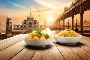 indian food in bowls on wooden table with sunset background. AI-Generated photo