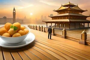 chinese food in a bowl on a wooden table with a man standing in front of it. AI-Generated photo