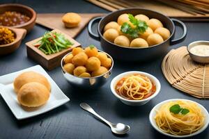 various dishes including noodles, meat and vegetables. AI-Generated photo
