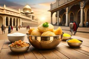indian food in a bowl on a wooden table. AI-Generated photo