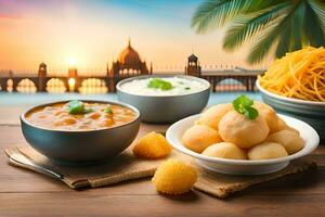 indian food with bowl of dosa and dosa on wooden table with sunset background. AI-Generated photo