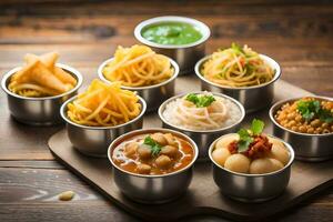 various types of indian food in metal bowls. AI-Generated photo