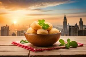 fried doughnuts in a bowl on a wooden table with cityscape in the background. AI-Generated photo