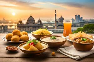 indian food with a view of the city skyline. AI-Generated photo